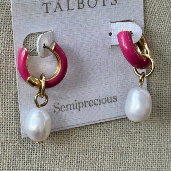 💗 Talbots Pink Hoop & Pearl Drop Earrings - Picture 3 of 6